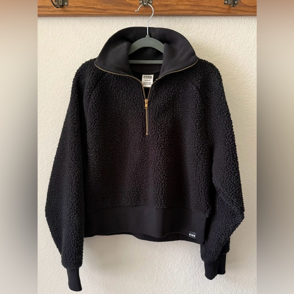 PINK Victoria's Secret Black Sherpa Half Zip-Up in Black